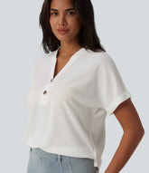 V-neck Button Batwing Sleeve Waffle Casual T-Shirt