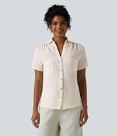 Collar Ruched Short Sleeve Curved Hem Linen-Feel Casual Shirt with Pockets