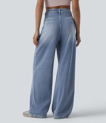 Halara Flex™ Asymmetric High Waisted Wide Leg Washed Casual Jeans with Pockets