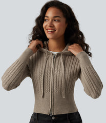 Hooded Zip Fly Cable Knit Casual Cardigan
