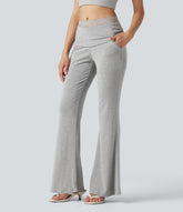 High Stretch Ribbed Knit Lace Mid Rise Flare Casual Pants with Pockets