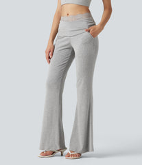 High Stretch Ribbed Knit Lace Mid Rise Flare Casual Pants with Pockets