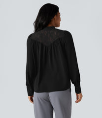Mock Neck Long Sleeve Contrast Lace Work Shirt