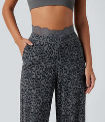 Halara UltraSculpt™ Leopard Print High Waisted Contrast Lace Straight Leg Yoga Pants with Pockets