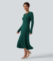 Ribbed Knit Henley Neck Long Sleeve Flowy Midi Casual Dress