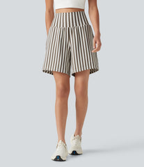 High Waisted 2-in-1 Stripes Yoga Baggy Shorts 7'' with Pockets