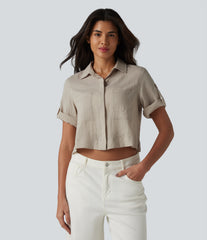 Roll Up Short Sleeve Cropped Casual Linen-Blend Shirt with Pockets