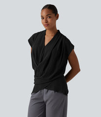 V Neck Wrapped Sleeveless Linen-Feel Work Blouse