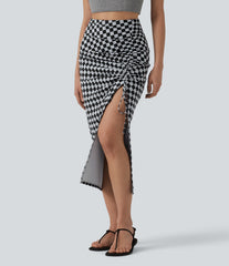 Halara UltraSculpt™ Check Print High Waisted Drawstring Bodycon Midi Casual Skirt