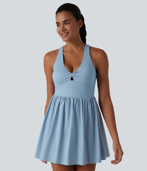 Breezeful™ V Neck Built-in Bra Racerback 2-in-1 Quick Dry Mini Tennis Active Dress with Pockets-Easy Peezy Edition