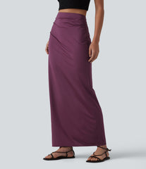 High Waisted Ruched Stretchy Satin-Like InstantCool Maxi Casual Pencil Skirt