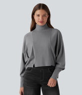 High Neck Long Sleeve High Low Work Sweater