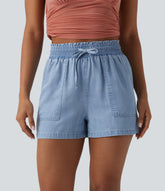 High Waisted Drawstring Frill Trim Draped Denim Casual Baggy Shorts with Pockets