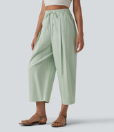 High Waisted Drawstring Barrel Leg Cropped Casual Cotton Linen Pants with Pockets