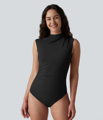 Mock Neck Ruched Sleeveless Casual Bodysuit