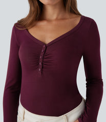 Ribbed Henley Neck Long Sleeve Casual Top