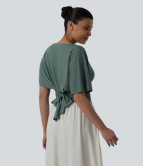 Boat Neck Ruffle Short Sleeve Tie Back Casual Top