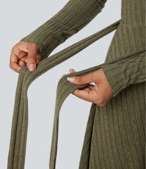 Ribbed Knit Round Neck Long Sleeve Belted Casual Dress with Pockets