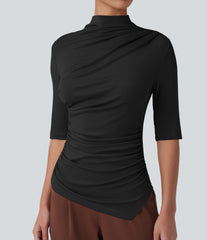 Ribbed Knit Mock Neck Half Sleeve Ruched Asymmetric Hem Casual Top