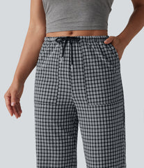 Mid Rise Drawstring Straight Leg Gingham Casual Pants with Pockets