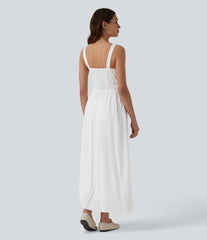 U Neck Tie Front Corset Midi Casual Linen-Feel Dress
