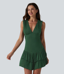 Ribbed V Neck Sleeveless Layered Ruffle Hem Mini Dress