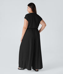 V Neck Short Sleeve Pocket Wide Leg Flowy Waffle Casual Plus Size Jumpsuit