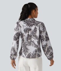 V Neck Long Sleeve Tropical Botanical Print Work Blouse