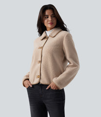 Collar Long Sleeve Casual Sherpa Jacket with Pockets