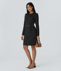 Round Neck Shoulder Pad Long Sleeve Hem Slim Mini Work Dress