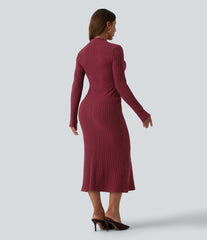 Ribbed Knit Mock Neck Long Sleeve Mermaid Midi Dress