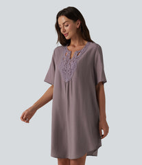 V-neck Short Sleeve Contrast Lace Mini Lyocell Casual Tunic Dress