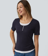Round Neck Short Sleeve Color Block Casual T-Shirt