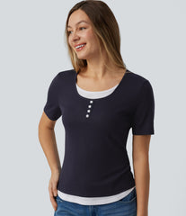 Round Neck Short Sleeve Color Block Casual T-Shirt