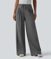 High Waisted Drawstring Pleated Heathered Casual Baggy Pants with Pockets