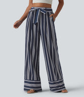 High Waisted Belted Stripes Resort Baggy Pants with Pockets