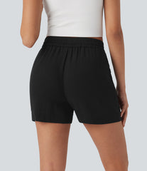 Mid Rise Drawstring Linen-Feel Work Shorts with Side Zip Pockets