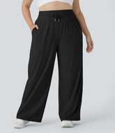 High Waisted Drawstring Pocket Wide Leg InstantCool Casual Plus Size Pants-UPF50+