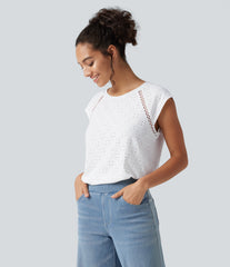 Round Neck Cap Sleeve Cut Out Tie Back Casual Blouse