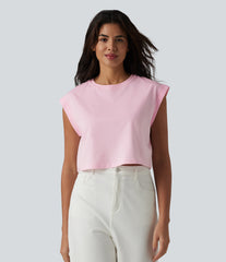 Round Neck Cap Sleeve Cropped Casual Cotton T-Shirt