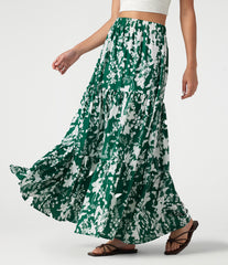 High Waisted Floral Print Tiered Maxi Resort Flowy Skirt