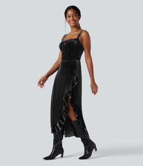 Queen Anne Neck Bow Front Ruffle Hem Velvet Midi Dress