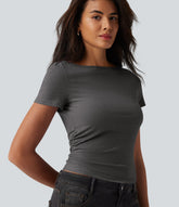 Boat Neck Short Sleeve Ruched Casual T-Shirt