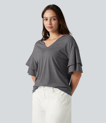 V-neck Flounce Sleeve Casual Top