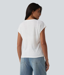 V Neck Short Sleeve Jacquard Casual T-Shirt