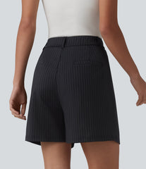 High Waisted Pleated Stripes Work Shorts with Pockets
