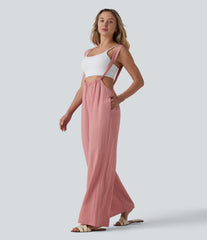 Tie Back Linen-Feel Overalls with Pockets