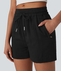 Mid Rise Drawstring Linen-Feel Work Shorts with Side Zip Pockets