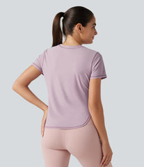 Round Neck Short Sleeve Curved Hem Breathable Mesh Yoga Sports Top
