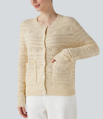 Round Neck Long Sleeve Button Fly Hollow Out Work Cardigan with Pockets